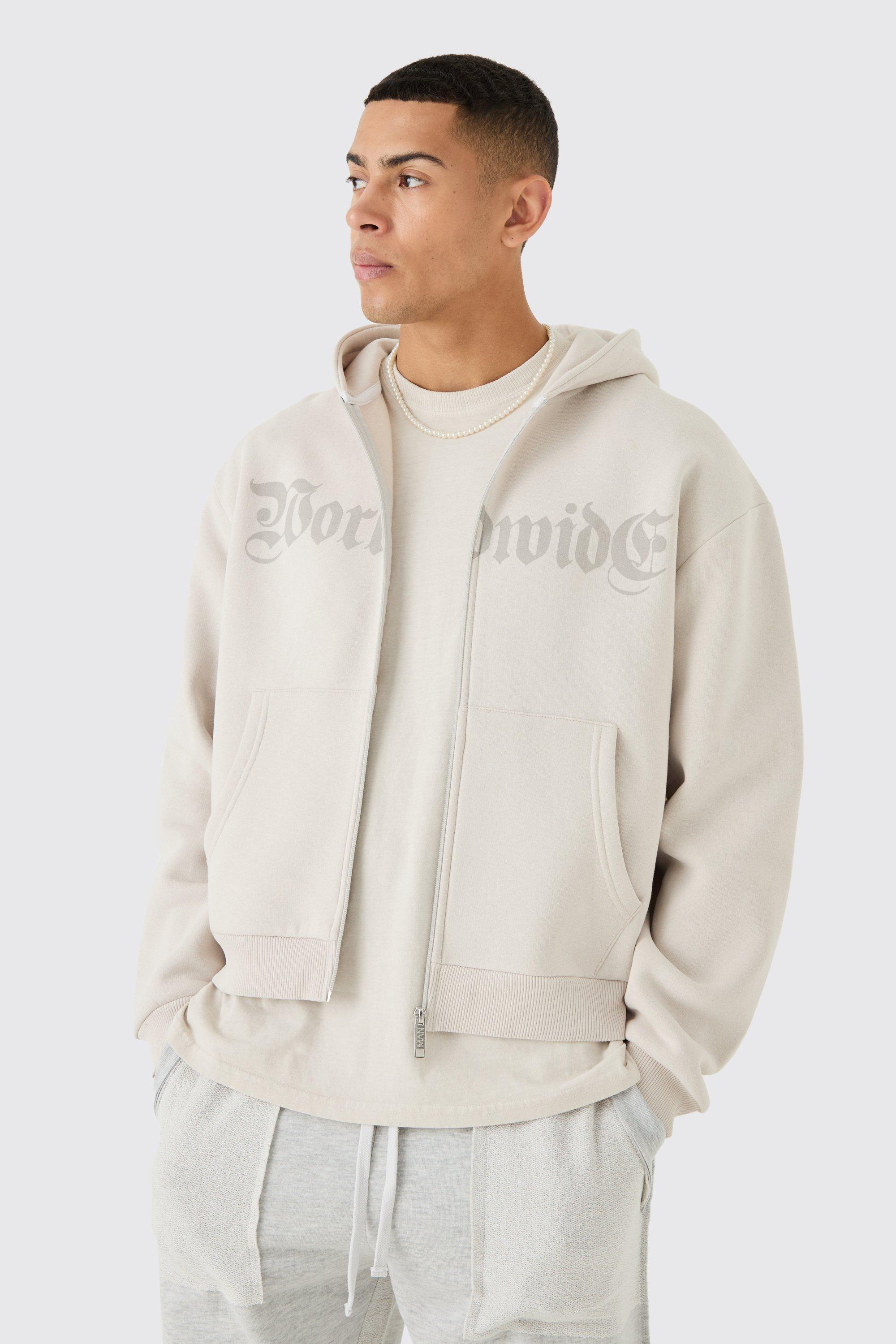 Mens Grey Oversized Boxy Worldwide Zip Through Hoodie, Grey